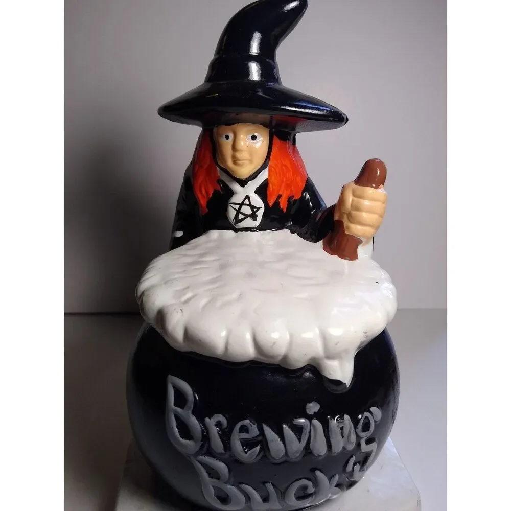 Halloween Witch Cauldron Bank Brewing Bucks Black Cat Pentagram Ceramic Decor